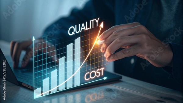 Fototapeta Businessman's hand touches a virtual screen, pushing a digital button for global business and future technology success
