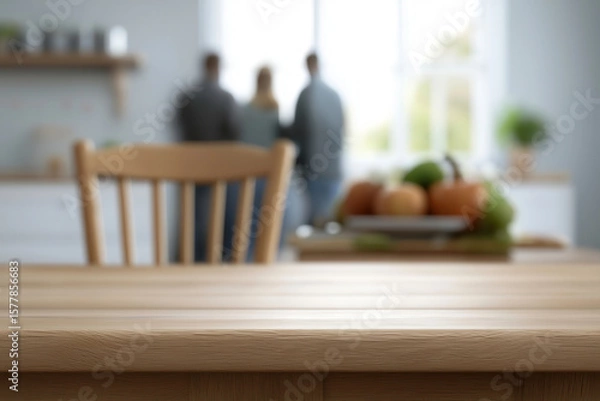 Fototapeta cozy kitchen scene with blurred people conversing by window. focus on wooden table and fresh produce in foreground. warm and inviting atmosphere suits lifestyle themes.