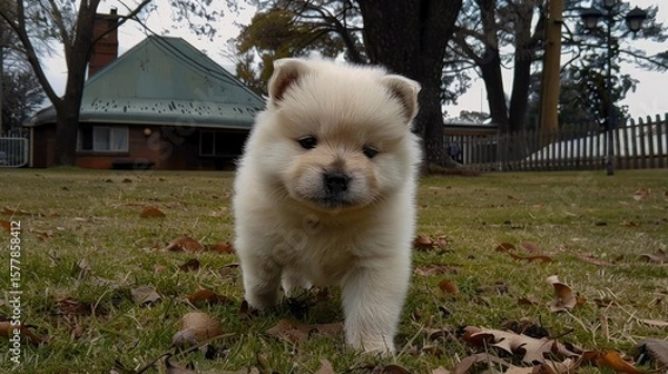 Fototapeta Close-up Portrait of an Adorable White Puppy Lying on a Grate in Winter