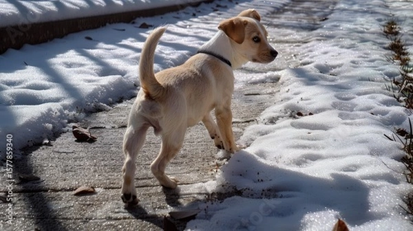 Fototapeta Close-up Portrait of an Adorable White Puppy Lying on a Grate in Winter