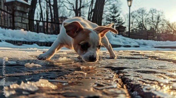 Fototapeta Close-up Portrait of an Adorable White Puppy Lying on a Grate in Winter