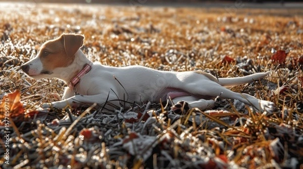 Fototapeta Close-up Portrait of an Adorable White Puppy Lying on a Grate in Winter