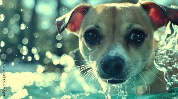 Fototapeta Close-up Portrait of an Adorable White Puppy Lying on a Grate in Winter