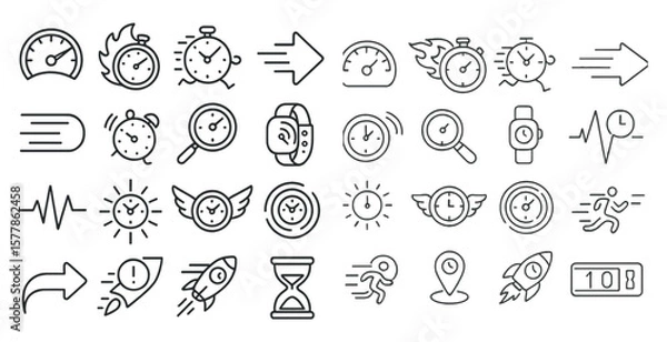 Fototapeta Collection of various time-related icons, including clocks, watches, and a rocket. The icons are arranged in a grid, with some overlapping and others standing alone. Scene is one of speed and motion