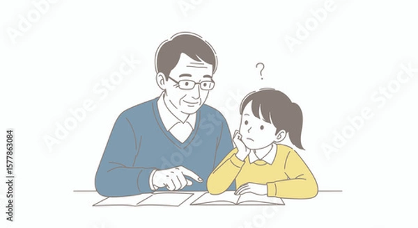 Fototapeta Grandfather patiently helps granddaughter with her studies, showing concern and guidance.