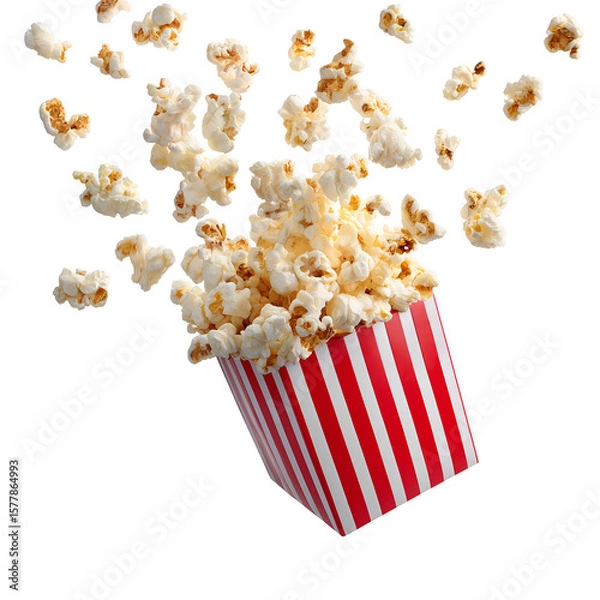Obraz Popcorn flying out of red white striped paper box isolated on transparent backgrounds