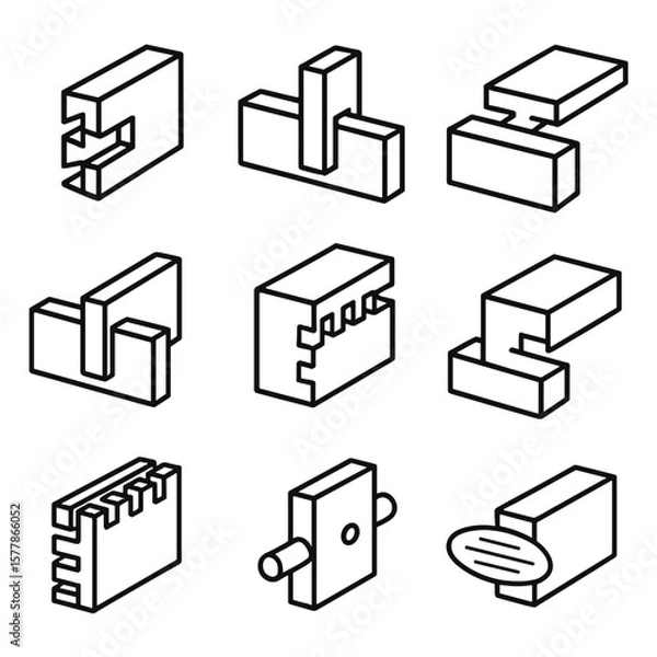 Fototapeta Wood Joint Icons. Line style icons of wood joints and techniques: dovetail joint, mortise and tenon, lap joint, tongue and groove,