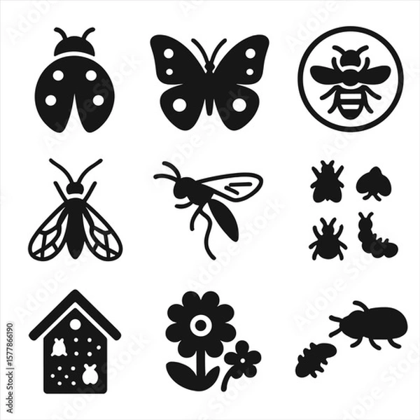 Fototapeta Insect Support Icons. Solid style icons of insect support beyond bees: ladybug icon, butterfly pollinator, hoverfly badge,