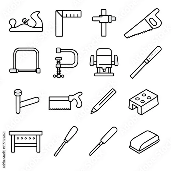 Fototapeta Carpentry Tools Icons. Line style icons of carpentry tools: wood plane, try square, marking gauge, handsaw, coping saw, clamp,