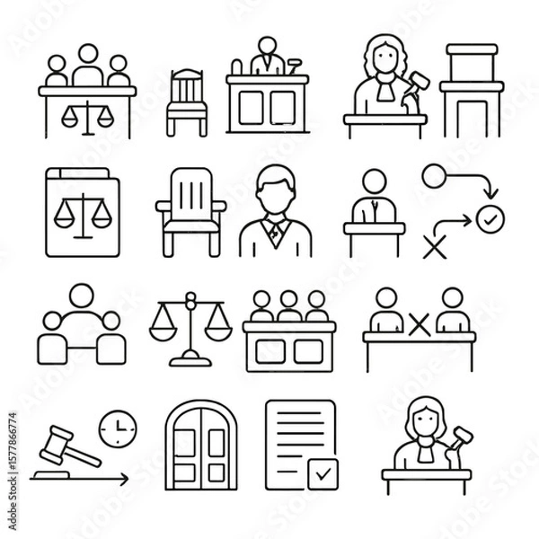 Fototapeta Judicial Process Icons. Line style icons of judicial process: trial icon, courtroom icon, judge decision, witness stand, court