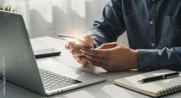 Fototapeta Working professional using smartphone beside laptop and notebook in bright modern office setting