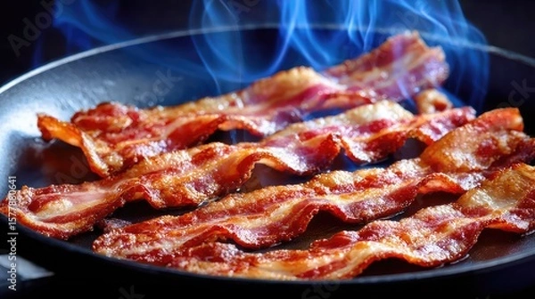 Fototapeta Overhead view of hot, crispy bacon with steam rising from a non-stick pan