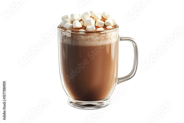 Fototapeta A glass mug of hot chocolate with marshmallows, isolated on a white isolated on a white isolated on a transparent background in PNG format.
