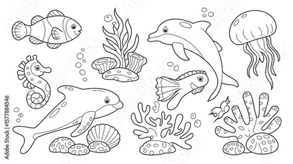 Fototapeta Black and white line art illustration of a playful underwater scene with marine life and coral dolphin