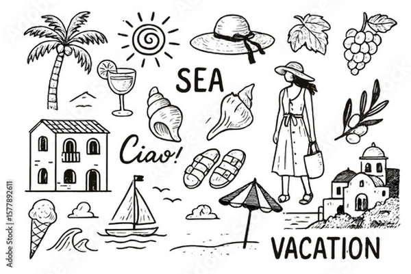 Fototapeta Summer vacation illustrations featuring seaside elements and relaxing activities in a coastal setting