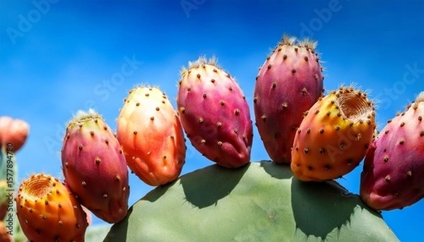 Fototapeta opuntia cactus featuring ripe prickly pears against a blue sky