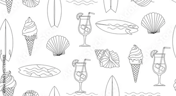 Fototapeta Summer themed seamless pattern with ice cream cocktail surfboard and seashells.