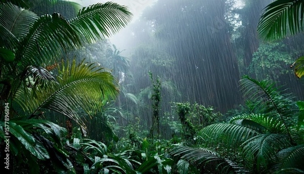 Fototapeta mysterious rainforest downpour a lush dark tropical forest scene during a heavy rain shower with large exotic plants shrouded in mist and green hues ai generated