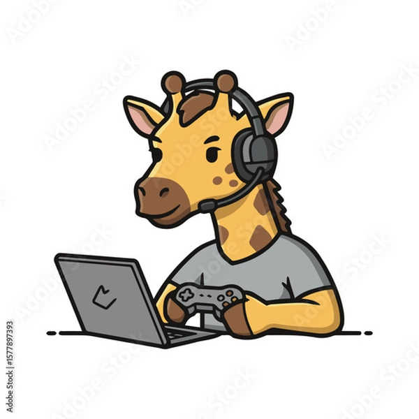 Obraz  Smart and Focused Cartoon Giraffe Mascot Working as a Programmer, Wearing Headphones and Typing on a Laptop, Engaged in Coding and Development