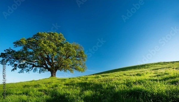 Fototapeta serene grassy hillside beneath a clear blue sky featuring a majestic oak tree for shade