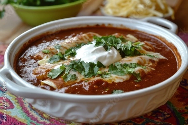 Fototapeta A delicious bowl of enchiladas topped with cilantro and sour cream