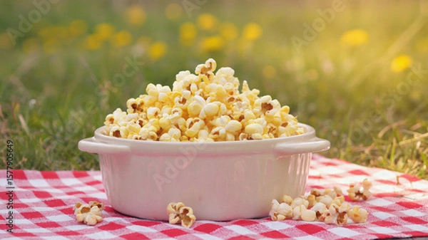 Obraz Fluffy Buttered Popcorn in Large Bowl on Picnic Blanket