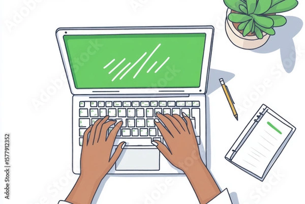 Fototapeta Hands typing on a laptop keyboard on a white desk with office supplies