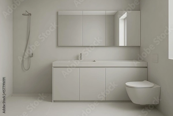 Fototapeta Minimalist bathroom with seamless surfaces, handleless design, and light grey palette