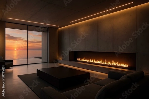 Fototapeta Ultramodern interior with fireplace, concrete walls, built-in lights, and sunset view over the sea
