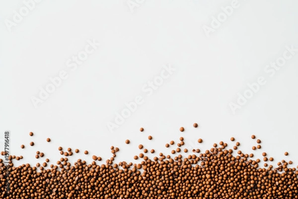 Fototapeta A border of fish food pellets isolated on white background with copy space