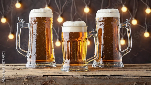 Obraz Chilled Beer Mugs Clinking Together in Pub Setting

