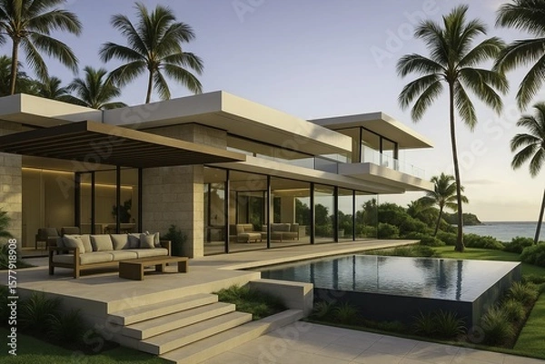 Fototapeta A luxurious modern villa exterior on a tropical coastline, framed by tall palm trees and a lush green landscape. The structure features a low-slung, L-shaped design with floor-to-ceiling.