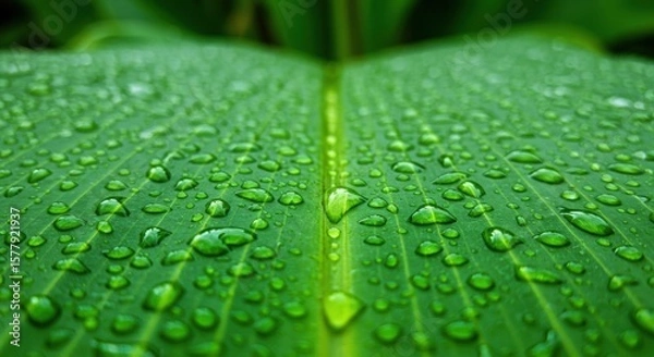 Fototapeta Dew Drops on Green Leaf Macro - Macro photography