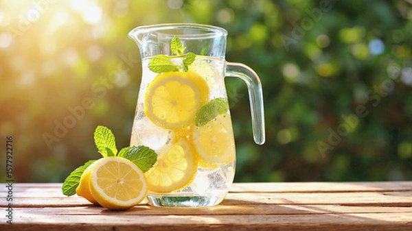 Obraz Clear Pitcher of Fresh Lemonade with Sliced Lemons, Mint, and Sparkling Ice