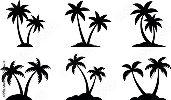 Fototapeta Tropical Palm Tree Silhouettes:  Simple, Black, Island Vacation Icons