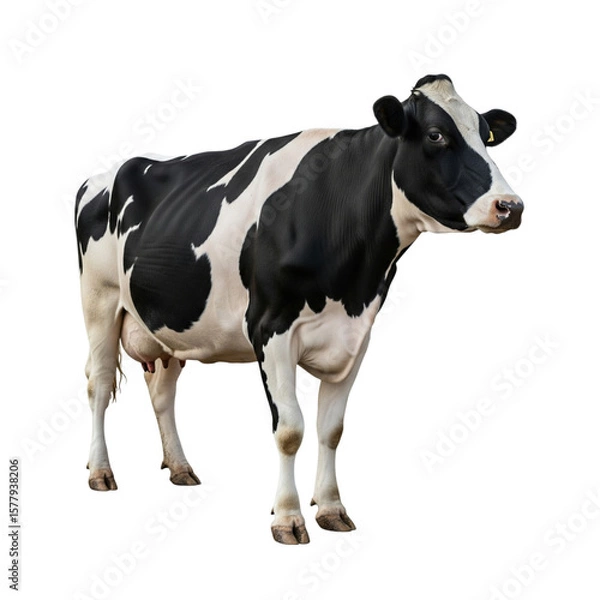 Fototapeta Standing gracefully, a dairy cow with distinct black and white markings is presented against a stark black background, highlighting its presence.