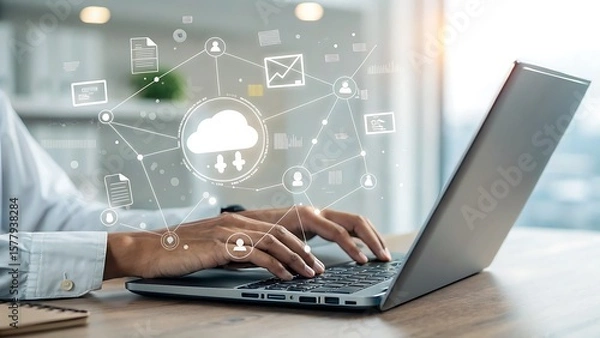 Fototapeta Data Management and Connectivity: Person Working on Laptop with Digital Network Overlay for Enhanced Communication and Data Security.