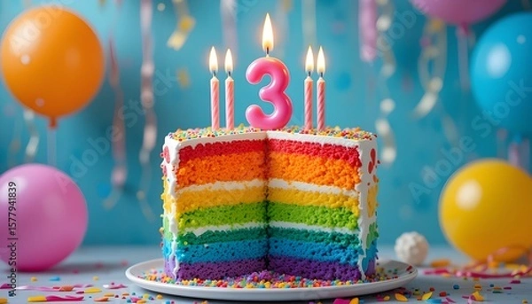 Fototapeta Bright and playful birthday cake with rainbow layers, number 3 candle burning on top, balloons and party streamers in the background, vibrant and happy