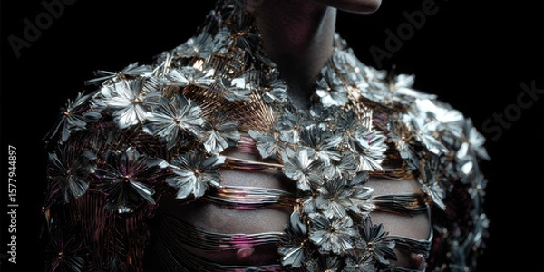 Fototapeta A brand hero shot featuring a mutated torso where the ribcage bursts into petal-like chrome fragments shaped into the brand's monogram. 