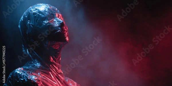 Fototapeta A faceless mannequin wrapped in a glossy liquid carbon fiber mantle, infused with modular sensor nodules glowing cobalt. 