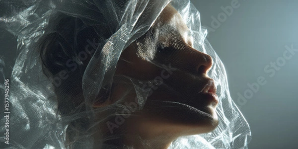 Fototapeta A faceless model wrapped in a translucent, shimmering nano-fabric veil that ripples like liquid metal. 