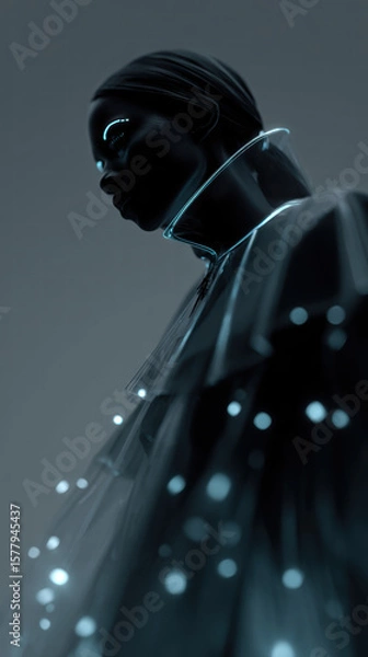 Fototapeta a floating female figure with no visible legs, long braids made of plastic tubes, wearing a layered glass-like cloak with LED veins pulsing beneath