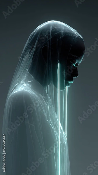 Fototapeta a floating female figure with no visible legs, long braids made of plastic tubes, wearing a layered glass-like cloak with LED veins pulsing beneath