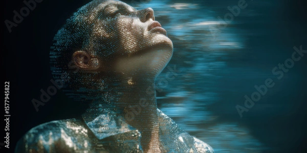 Fototapeta A floating transparent head is dissolving upward into a stream of flowing code 