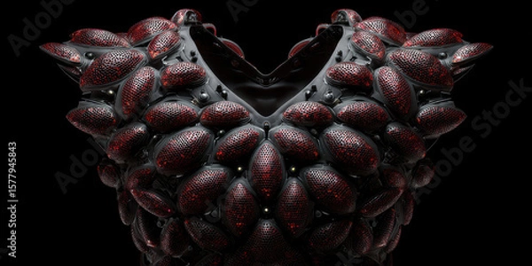 Fototapeta A frontal torso shot of a modular vest constructed from interlocking seedpod-like shells, each shell coated in reflective obsidian resin with micro-sensors tracking wearer movement. 