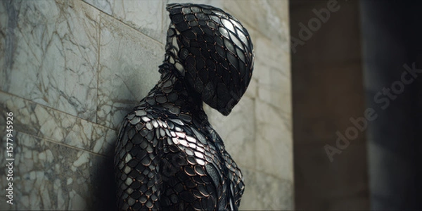 Fototapeta A full-body shot of a figure wearing a morphing armor suit that mimics the scale patterns of prehistoric reptiles
