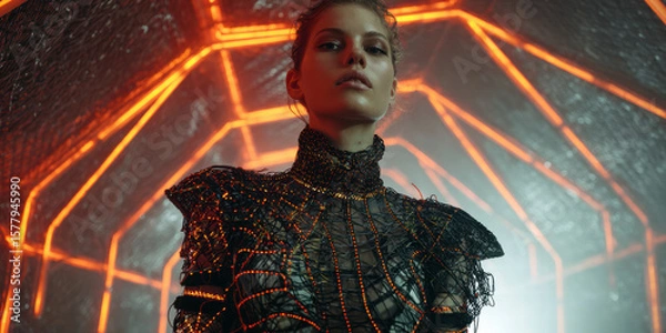 Fototapeta A futuristic editorial look featuring a model standing in an open neon tunnel, wearing an exposed infrastructure top composed of mesh panels and electric cable seams. 