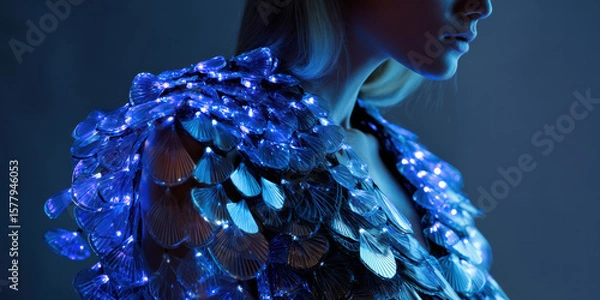 Fototapeta A futuristic jacket composed of layered transparent polymer scales with embedded micro-LEDs projecting shifting fractal patterns