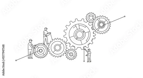 Fototapeta  Engineers working with gears in line art for teamwork infographic