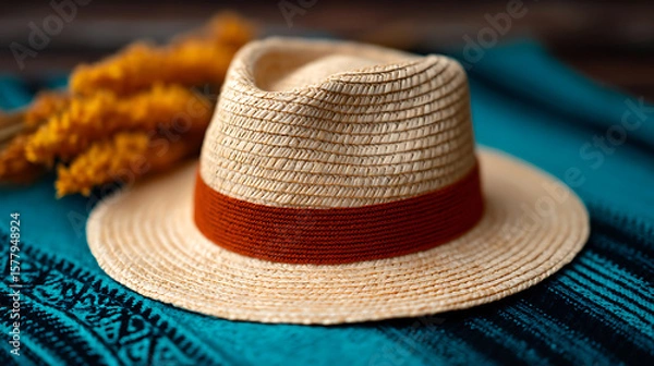 Fototapeta Woven summer hat with brown band rests on a textured blue fabric alongside a bundle of dried wheat for a natural style.